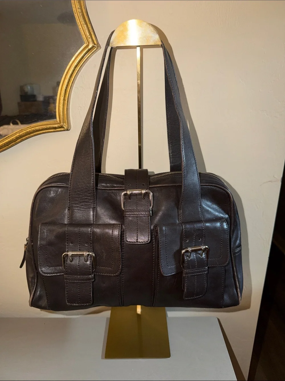 Furla Dark Brown Leather Messenger Bag with Front Buckle Pockets